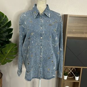 Boutique Oversized Embroidered Embellished Sequin Rhinestone Button Down Shirt